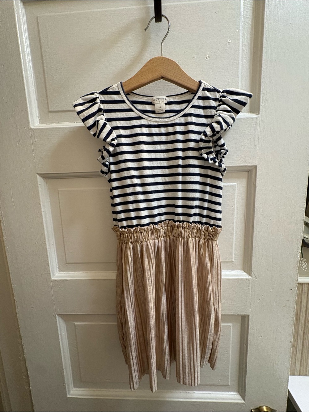 Crewcuts Navy & White Striped Top with Tan Pleated Skirt Dress